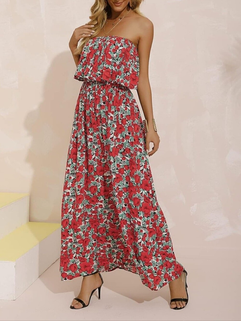 Women's Summer Off The Shoulder Maxi Dress Ruffle Strapless- L
